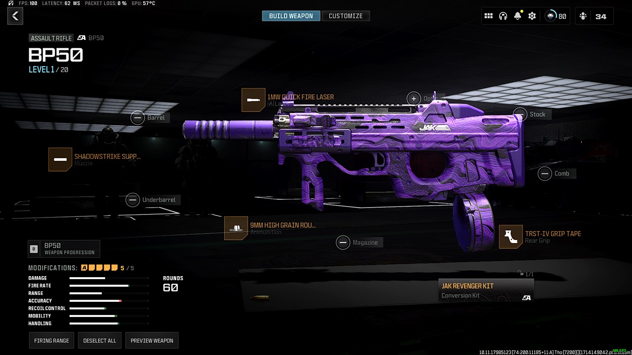 Loadout screenshot of the BP50 Assault Rifle kitted with the new JAK Revenger conversion kit in Call of Duty: Modern Warfare 3 Season 3.