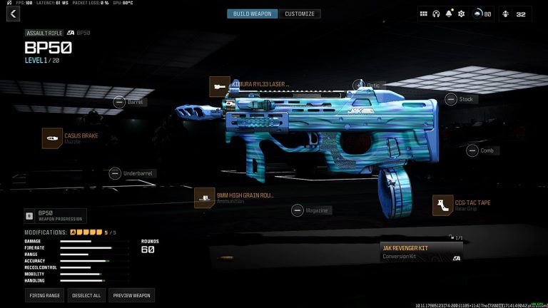 Loadout screenshot of the BP50 Assault Rifle equipped with the new JAK Revenger conversion kit in Call of Duty: Warzone.