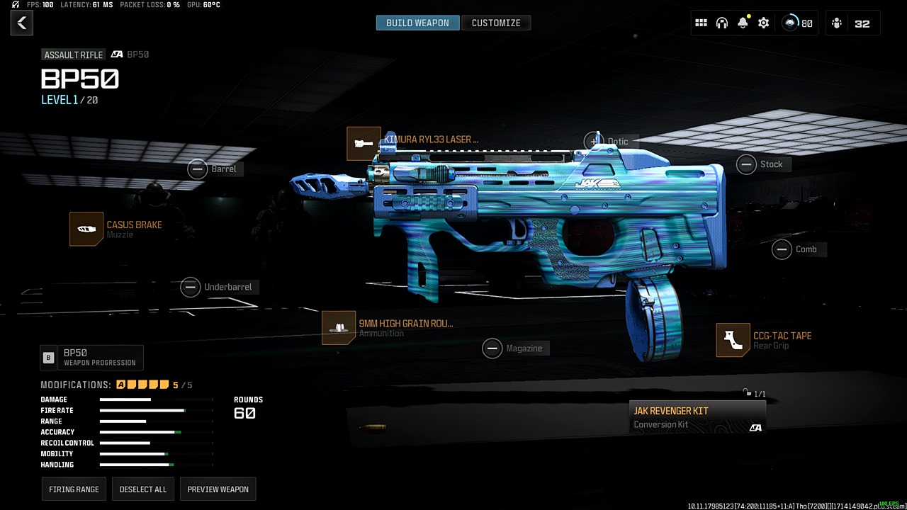 Loadout screenshot of the BP50 Assault Rifle equipped with the new JAK Revenger conversion kit in Call of Duty: Warzone.