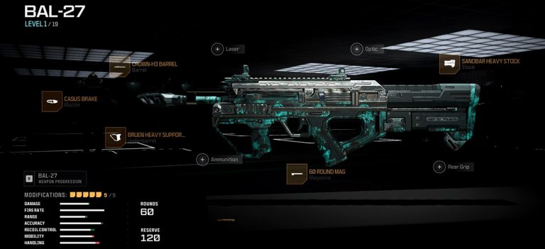 In-game screenshot of a Call of Duty: Warzone weapon loadout featuring the BAL-27 assault rifle equipped with optimal attachments.