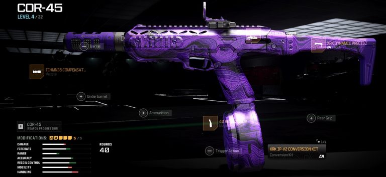 Call of Duty: Warzone loadout featuring the COR-45 Pistol equipped with its XRK IP-V2 aftermarket conversion kit.