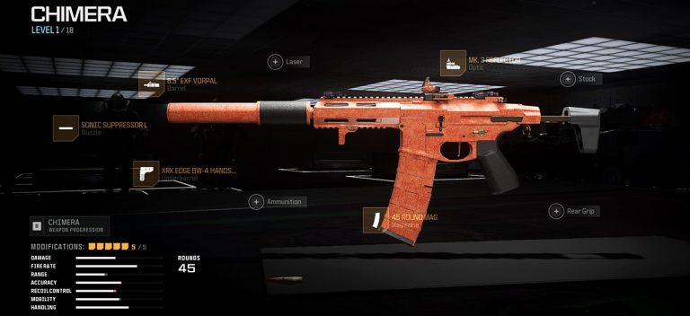 In-game screenshot of a Call of Duty: Warzone weapon loadout featuring the Chimera assault rifle equipped with optimal attachments.