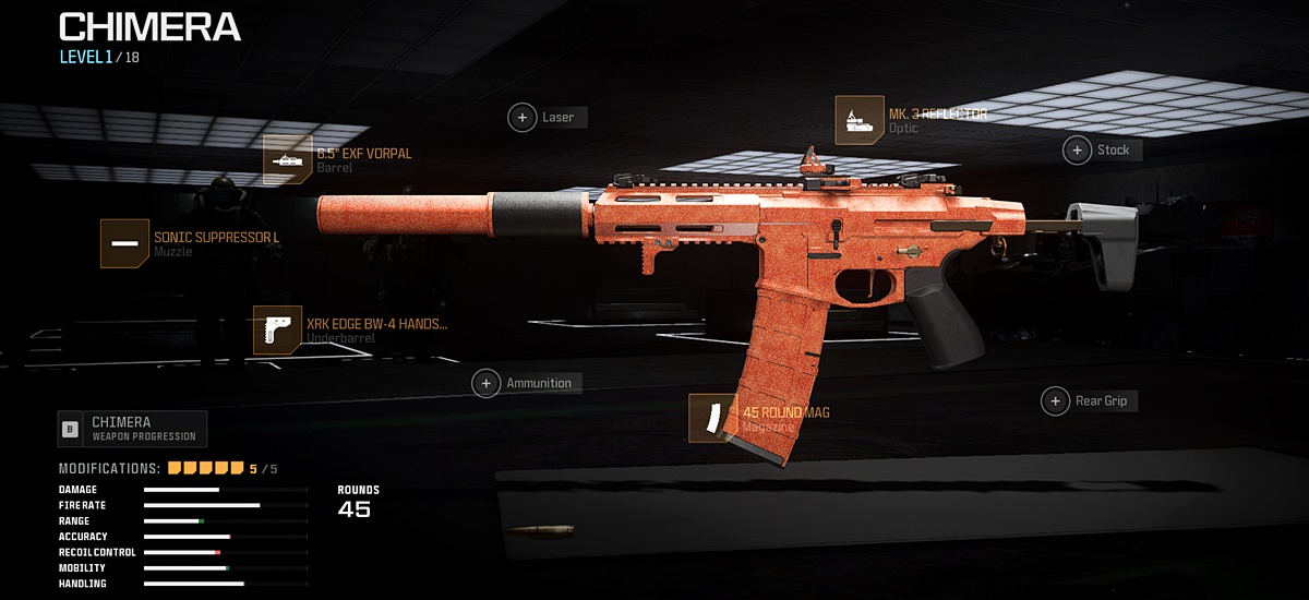 In-game screenshot of a Call of Duty: Warzone weapon loadout featuring the Chimera assault rifle equipped with optimal attachments.