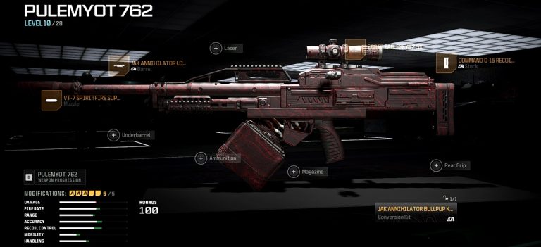 Warzone weapon loadout featuring the Pulemyot 762 LMG equipped with the JAK Annihilator Bullpup conversion kit.