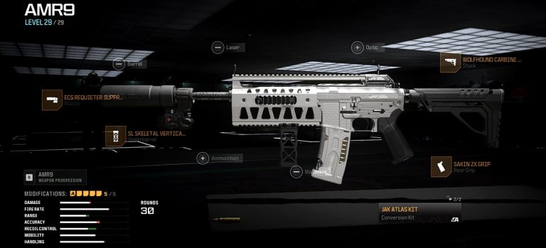 Modern Warfare 3 screenshot showcasing the AMR9 loadout with the new JAK Atlas conversion kit aftermarket part equipped.