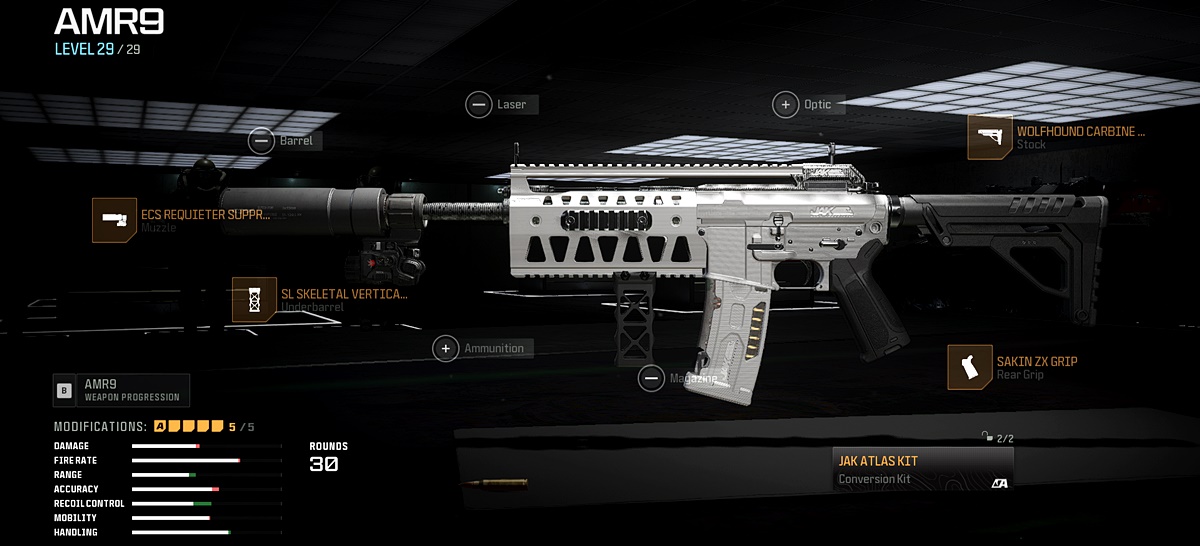 Modern Warfare 3 screenshot showcasing the AMR9 loadout with the new JAK Atlas conversion kit aftermarket part equipped.