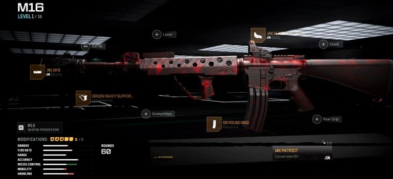Call of Duty: Warzone weapon loadout featuring the best attachments for the M16 Assault Rifle equipped with its new 'JAK Patriot' conversion kit.