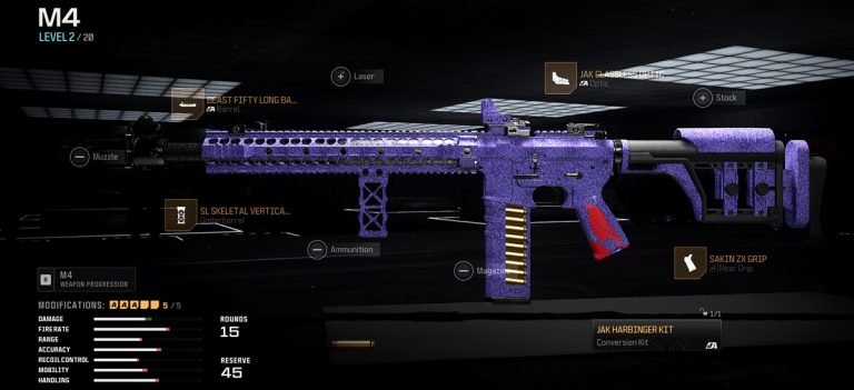 Call of Duty: Warzone weapon loadout featuring the M4 Assault Rifle equipped with its new JAK Harbinger conversion kit.