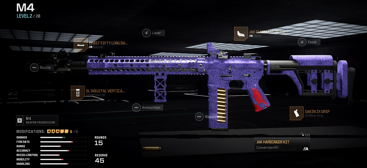 Call of Duty: Warzone weapon loadout featuring the M4 Assault Rifle equipped with its new JAK Harbinger conversion kit.