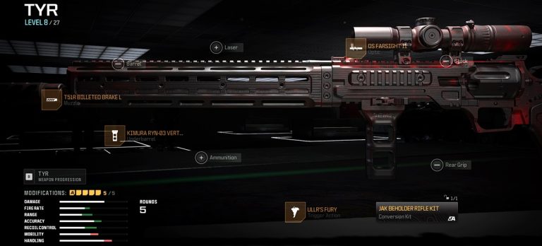 Call of Duty: Warzone loadout featuring the TYR revolver equipped with its aftermarket conversion kit, the Jak Beholder Rifle.