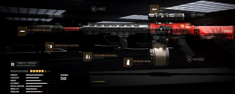 Warzone weapon loadout featuring the Tempus Torrent, a Marksman Rifle that was originally featured in Modern Warfare 2.