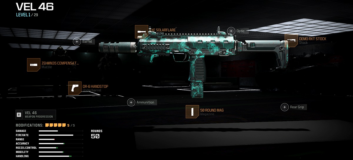 Warzone loadout featuring the VEL 46 Submachine Gun.