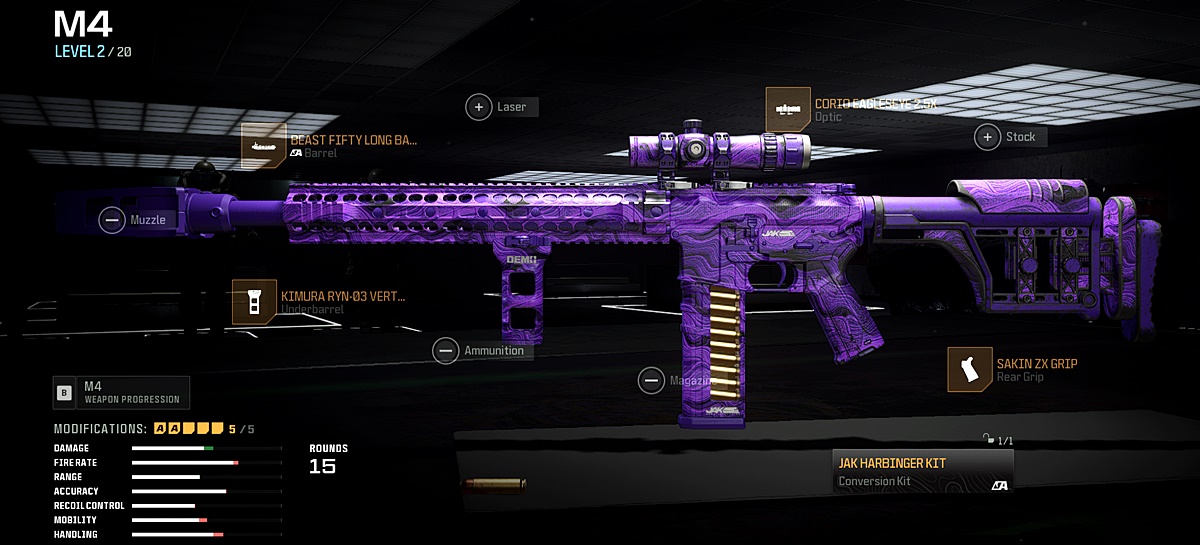 JAK Harbinger Conversion Kit loadout for M4 Assault Rifle in Call of Duty Warzone.