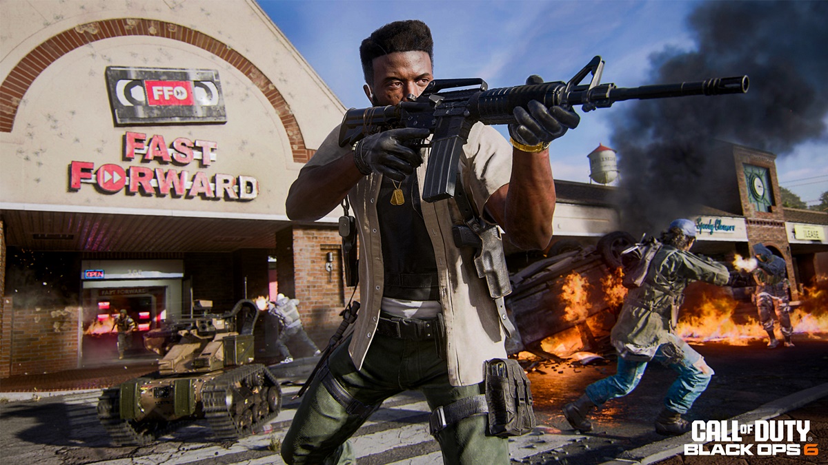 Gameplay screenshot of Black Ops 6 Multiplayer game mode featuring an operator aiming an Assault Rifle.