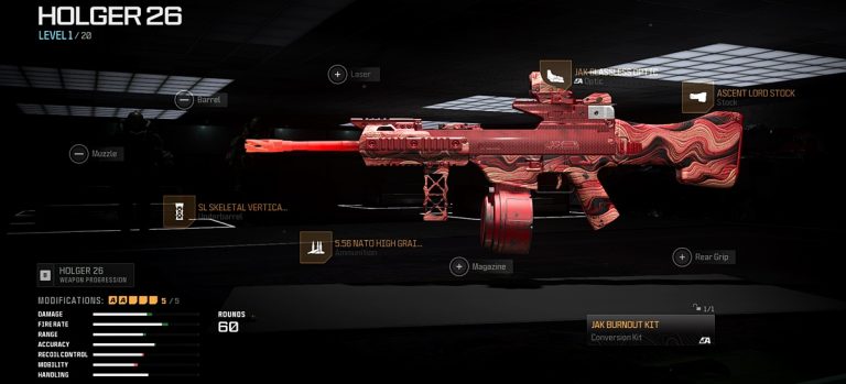 Holger 26 equipped with the JAK Burnout kit along with optimal attachments in Warzone.