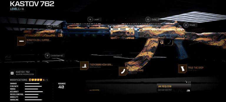 Call of Duty: Modern Warfare III screenshot featuring an optimal attachment setup for the newly released JAK Requiem conversion kit, available to unlock for the Kastov 762 Assault Rifle.