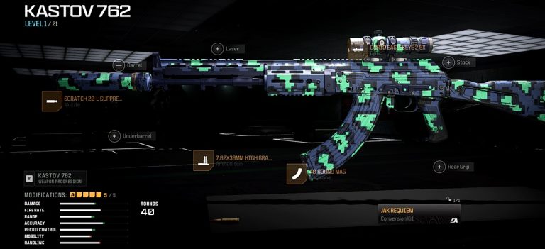 Screenshot featuring an optimal attachment setup for the newly released JAK Requiem conversion kit, equip-able on the Kastov 762 Assault Rifle in Call of Duty: Warzone.