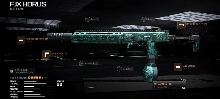 Call of Duty: Modern Warfare 3 in-game screenshot featuring the optimal attachments for the FJX Horus SMG equipped with its latest aftermarket part, the JAK Scimitar conversion kit.