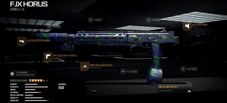 Call of Duty: Warzone screenshot featuring the optimal attachments for the FJX Horus SMG equipped with its latest aftermarket part, the JAK Scimitar conversion kit.