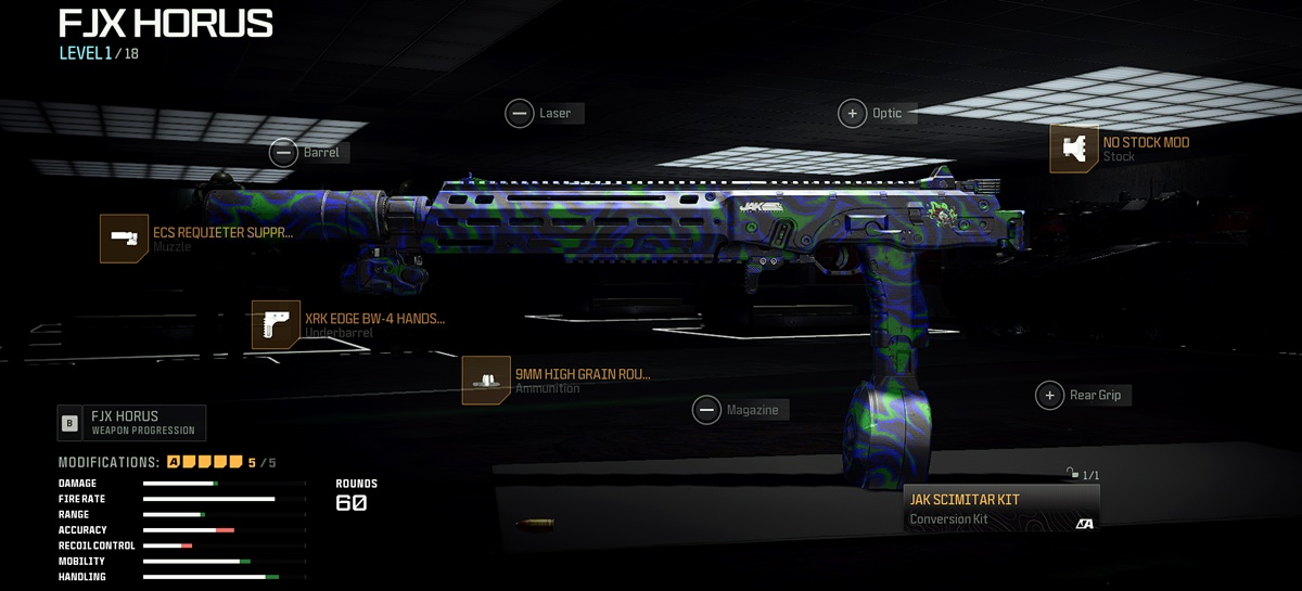 Call of Duty: Warzone screenshot featuring the optimal attachments for the FJX Horus SMG equipped with its latest aftermarket part, the JAK Scimitar conversion kit.