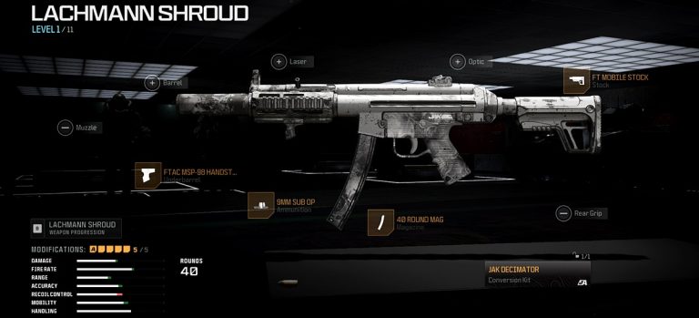 Call of Duty: Warzone loadout screenshot featuring the Lachmann Shroud submachine gun, (real-life MP5SD) equipped with optimal attachments.
