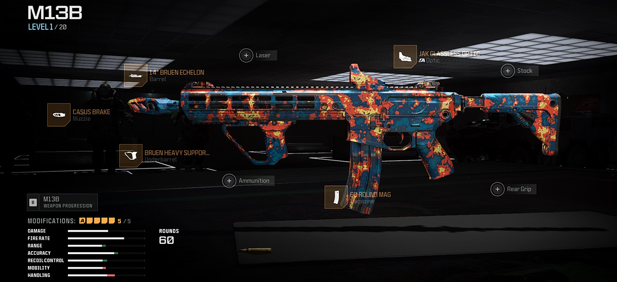 Call of Duty: Warzone screenshot featuring the optimal loadout for the M13B Assault Rifle, optimized for low recoil.