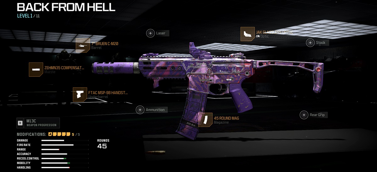 Call of Duty: Warzone in-game screenshot featuring M13C loadout equipped with the optimal attachments for the Assault Rifle.