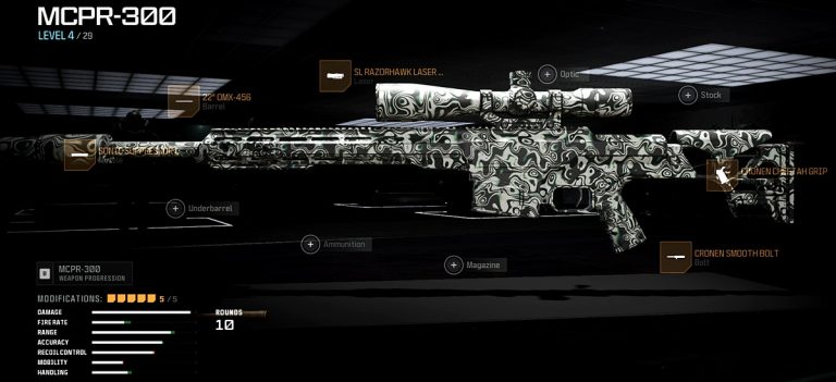 Call of Duty: Warzone loadout screenshot featuring the MCPR-300 Sniper Rifle equipped with optimal attachments.