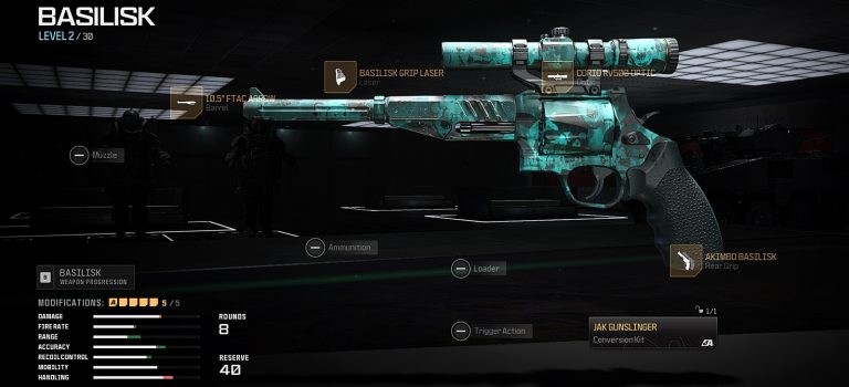 Call of Duty: Modern Warfare 3 screenshot featuring a loadout for the Basilisk revolver with the latest JAK Gunslinger aftermarket conversion kit along with optimal attachments equipped on the weapon.