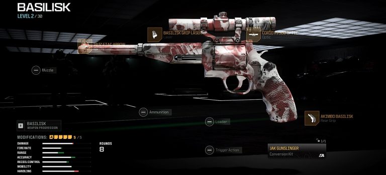 Call of Duty: Warzone screenshot featuring a weapon loadout for the Basilisk revolver with its new JAK Gunslinger aftermarket conversion kit along with optimal attachments equipped..