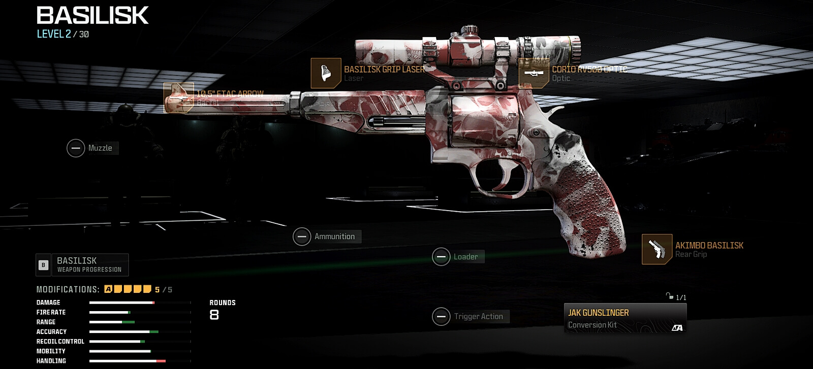 Call of Duty: Warzone screenshot featuring a weapon loadout for the Basilisk revolver with its new JAK Gunslinger aftermarket conversion kit along with optimal attachments equipped..