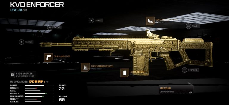 Call of Duty: Modern Warfare 3 screenshot featuring the KVD Enforcer Marksman Rifle equipped with optimal attachments for its new JAK Volkh conversion kit,