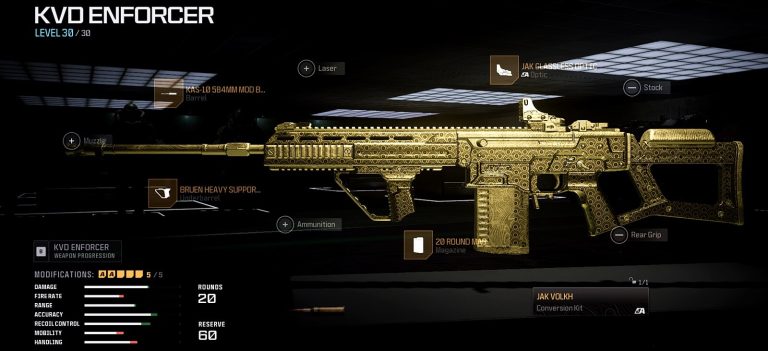 Call of Duty: Warzone screenshot featuring the KVD Enforcer Marksman Rifle equipped with optimal attachments for its new JAK Volkh conversion kit,