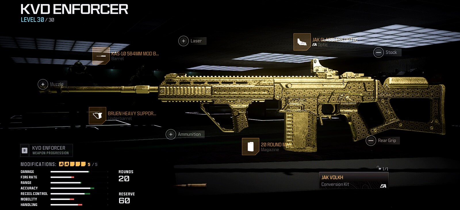 Call of Duty: Warzone screenshot featuring the KVD Enforcer Marksman Rifle equipped with optimal attachments for its new JAK Volkh conversion kit,