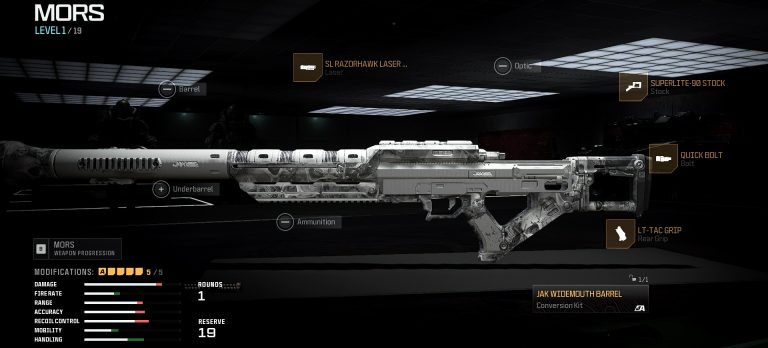 Call of Duty: Modern Warfare 3 Multiplayer screenshot outlines the optimal loadout and attachment setup for the MORS Sniper Rifle equipped with the new JAK Widemouth Barrel conversion kit.