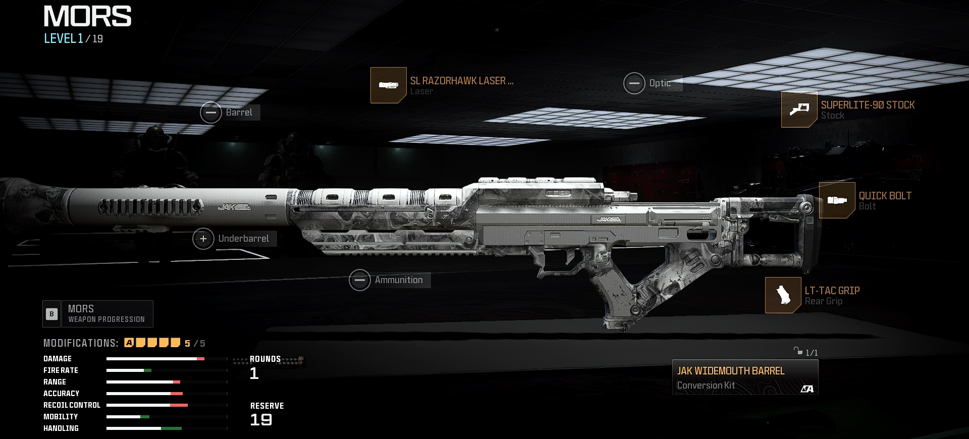 Call of Duty: Modern Warfare 3 Multiplayer screenshot outlines the optimal loadout and attachment setup for the MORS Sniper Rifle equipped with the new JAK Widemouth Barrel conversion kit.
