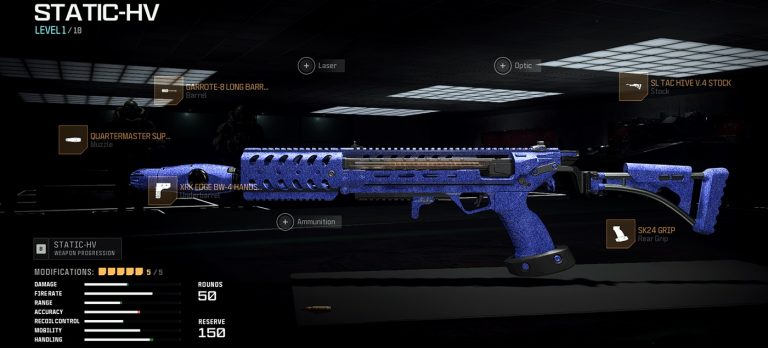 Call of Duty: Modern Warfare 3 Multiplayer screenshot outlines the optimal loadout and attachment setup for the new Static-HV Submachine Gun.