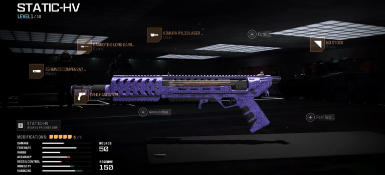 Call of Duty: Warzone screenshot outlines the optimal loadout and attachment setup for the new Static-HV Submachine Gun.