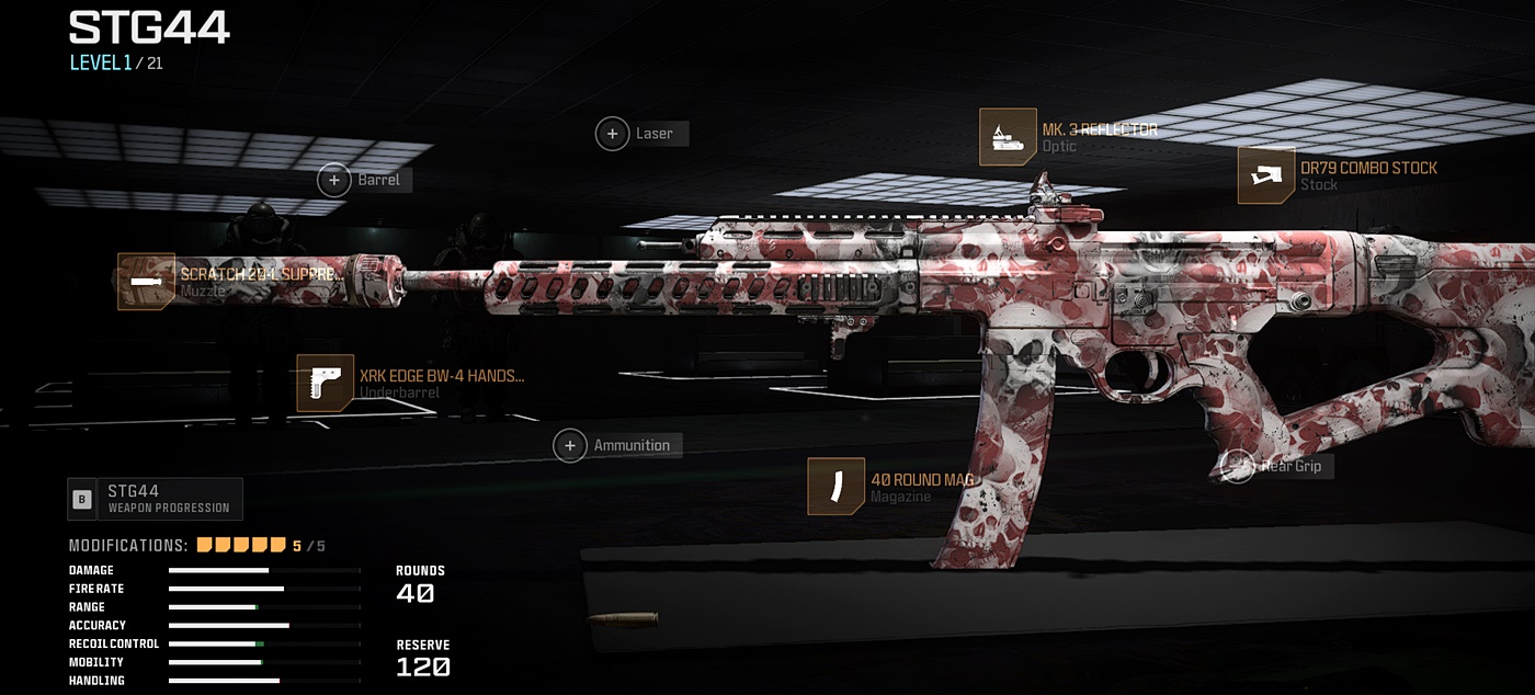 Call of Duty: Modern Warfare 3 multiplayer screenshot outlines the optimal loadout and attachment setup for the new STG44 Assault Rifle in Season 5.