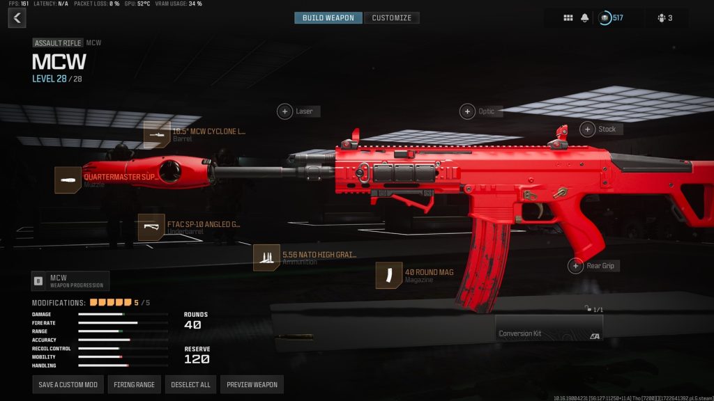 Screenshot showing Meta MCW build for Season 5,