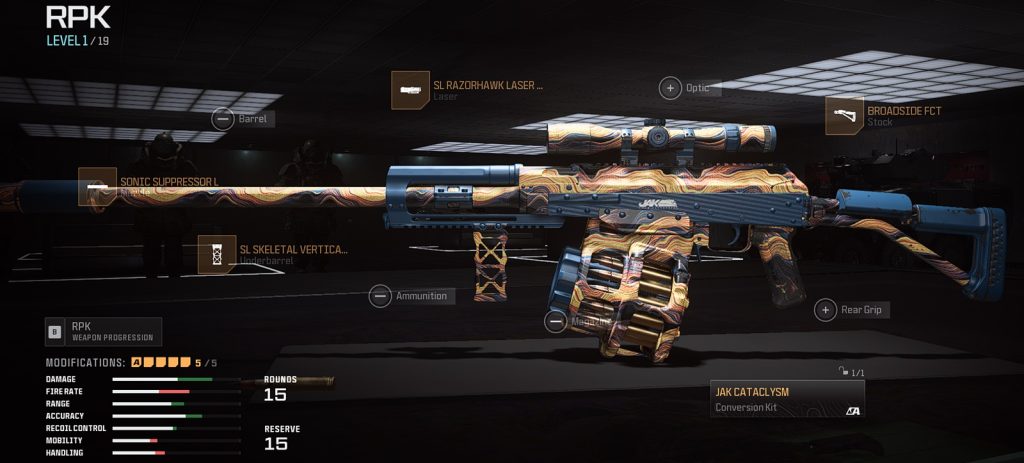 Call of Duty: Warzone build for RPK Light Machine Gun equipped with JAK Cataclysm conversion kit.
