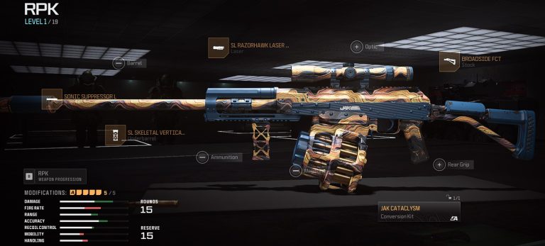 Call of Duty: Warzone build for RPK Light Machine Gun equipped with JAK Cataclysm conversion kit.
